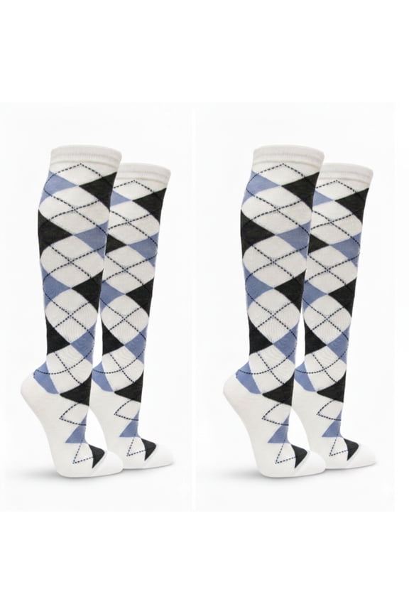 Women’s Stylish Argyle Knee High Socks, 2 Pairs, White Charcoal Light Sky Blue