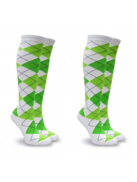 Women's Argyle Knee High Socks 2 Pairs Pack White Lime Green Bright Green Size 9-11 (4 Count)