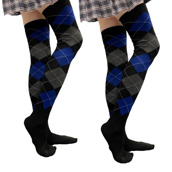 COUVER Women’s Thigh High Over Knee Fashion Argyle Socks, Black Blue Violet Gray, Medium, 2 Pairs