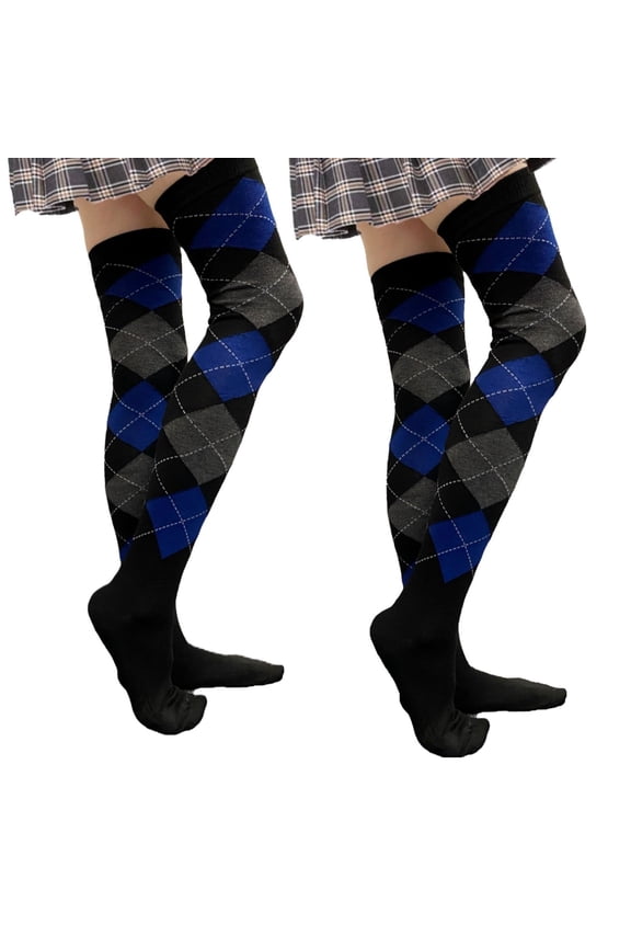 Women’s Thigh High Over Knee Fashion Argyle Socks, Black Blue Violet Gray, Medium, 2 Pairs