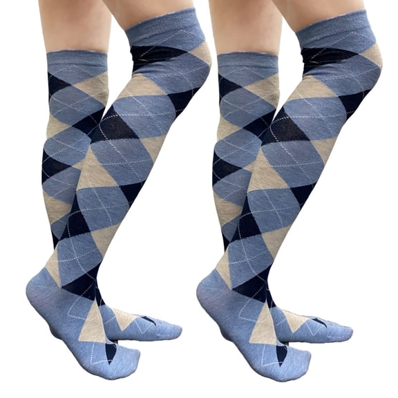 COUVER Women’s Thigh High Over Knee Fashion Argyle Socks, Heather Blue Navy Ash, Medium, 2 Pairs