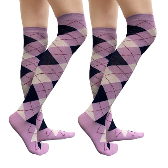 COUVER Women’s Thigh High Over Knee Fashion Argyle Socks, Lavender Navy White, Medium, 2 Pairs