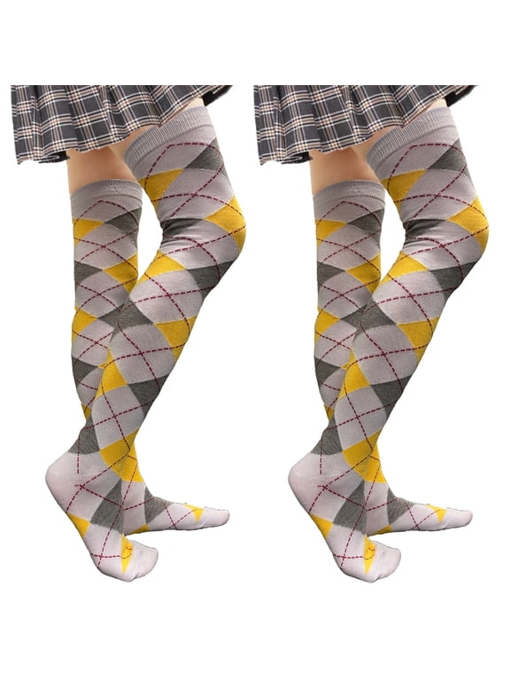 Women’s Thigh High Over Knee Fashion Argyle Socks, White Gray Yellow, Medium, 2 Pairs