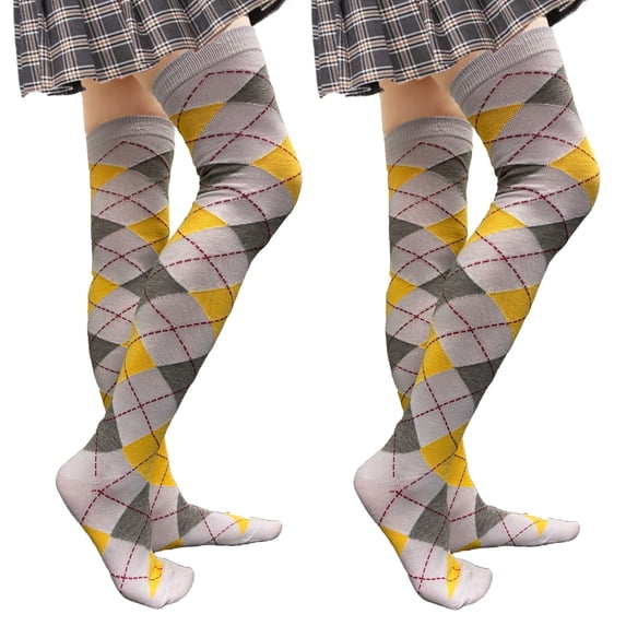 COUVER Women’s Thigh High Over Knee Fashion Argyle Socks, White Gray Yellow, Medium, 2 Pairs