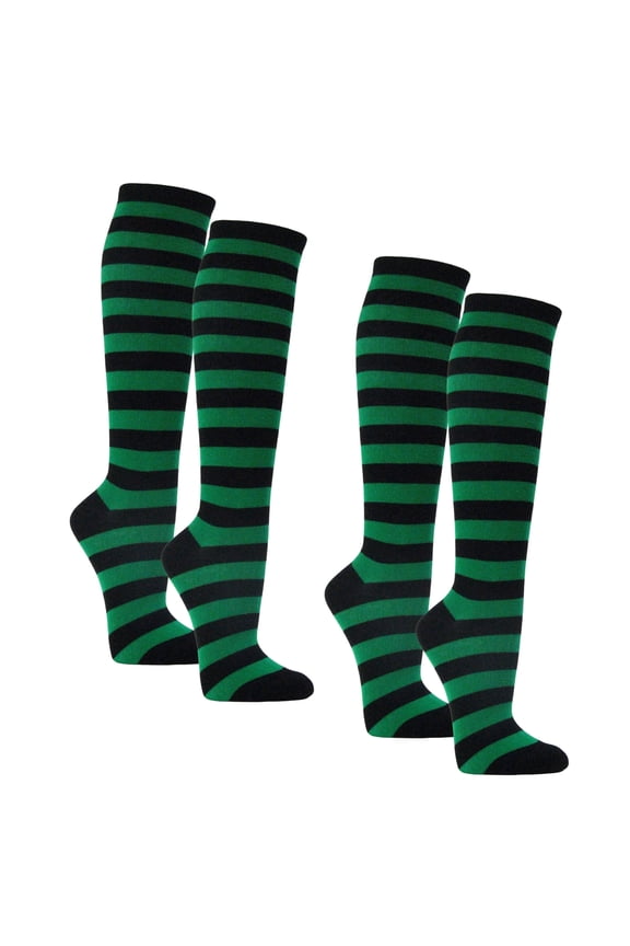Womens 0.5 Inch Thin Stripe Cotton Knee High Socks Black Green 2 Pairs (Womens)