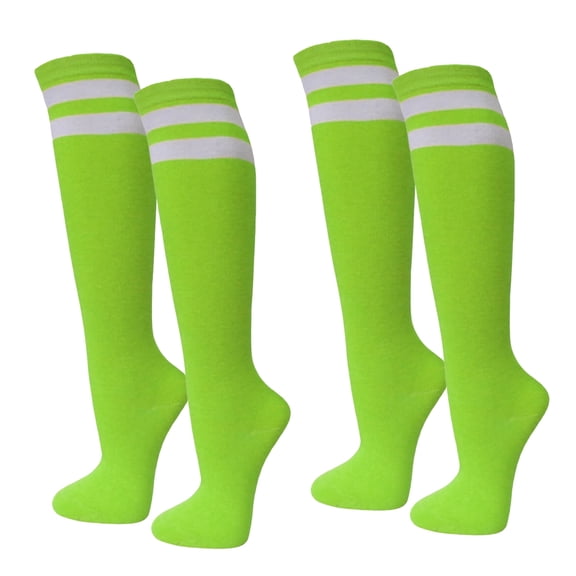 COUVER Womens 2 Striped Cotton Knee High Tube Socks Bright Lime Green White 2 Pairs (Womens)