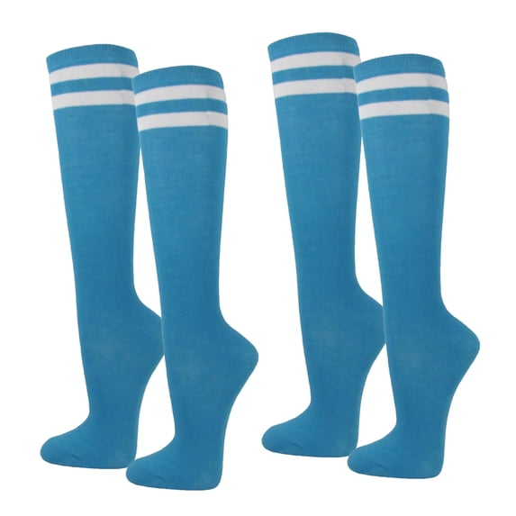 COUVER Womens 2 Striped Cotton Knee High Tube Socks Sky Blue White 2 Pairs (Womens)