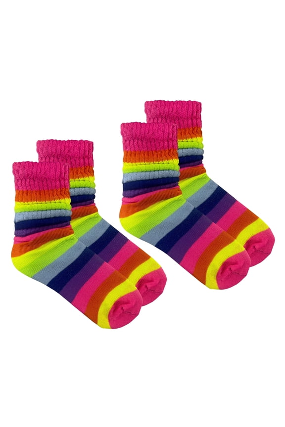 Womens Cotton Stretch Crew Length Slouch Socks Neon Rainbow 2 Pairs Size 9-11 (Womens)