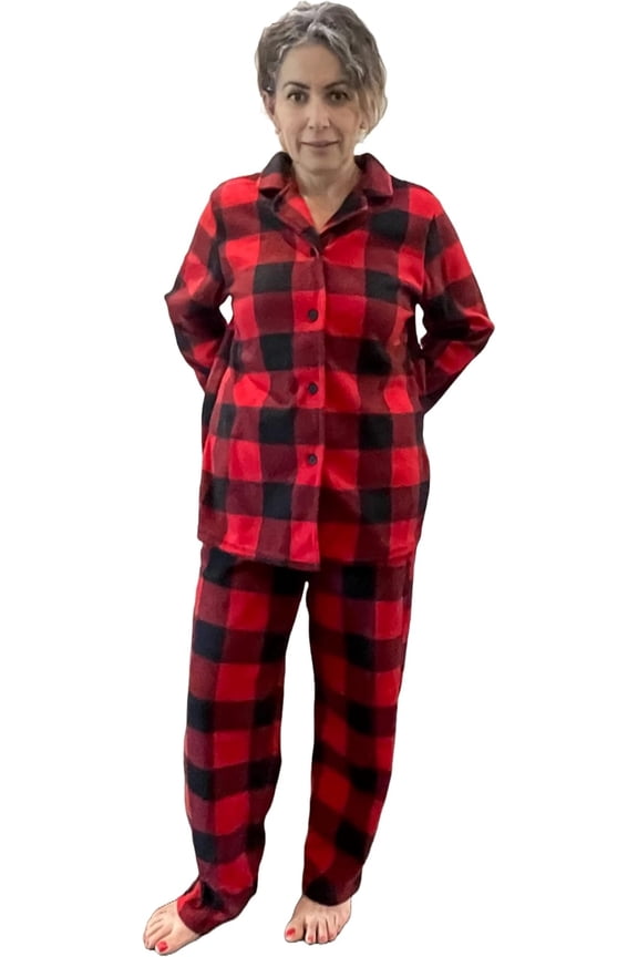 Womens Ladies Fleece PJ Pajama Set Red Black Checkered Size 2XL