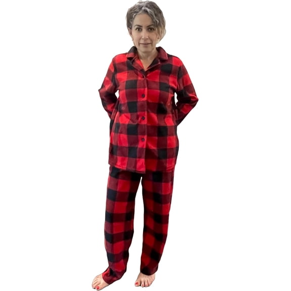 Womens Ladies Fleece PJ Pajama Set Red Black Checkered Size XL