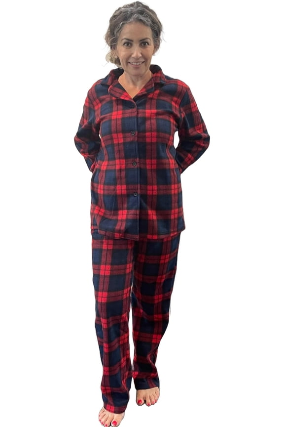 Womens Ladies Fleece PJ Pajama Set Red Dark Blue Checkered Size 2XL