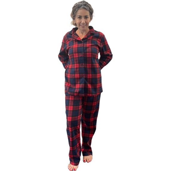 Womens Ladies Fleece PJ Pajama Set Red Dark Blue Checkered Size XL