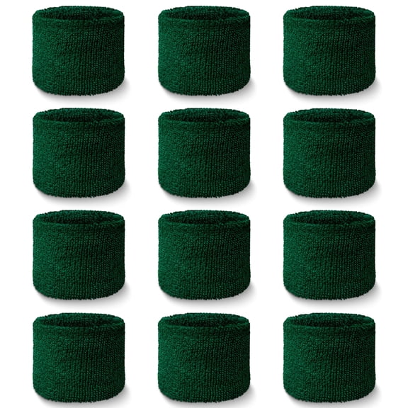 COUVER Youth Wrist Sweatbands Sports Athletic Cotton Terry Cloth, Dark Green, Set of 12