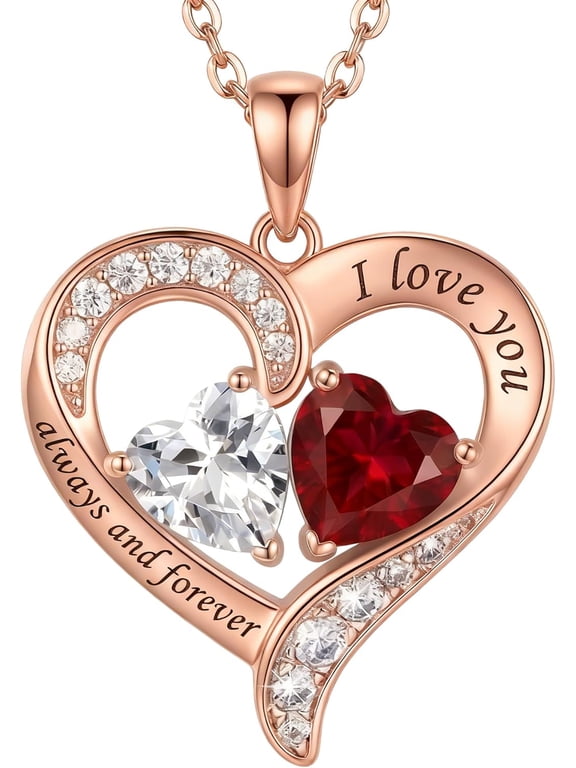 Women's 18K Gold Plated Personalized Heart Pendant Necklace, Custom Engraved Necklace with 2 Birthstones, Custom Jewelry Gift for Mom & Wife