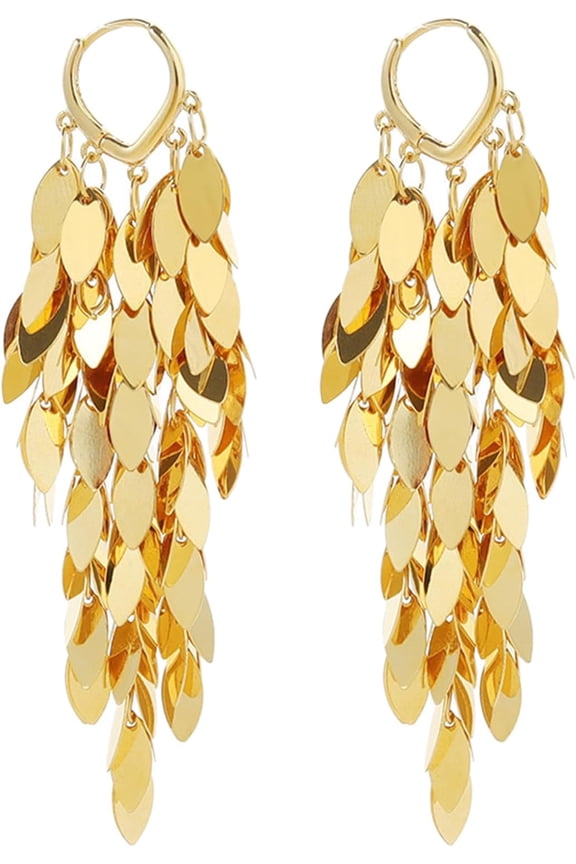 Multi-layer Fluttering Metallic Leaf Fringe Earrings, Oversized Long Dangle Hoop Earrings for Evening Formal Outfit