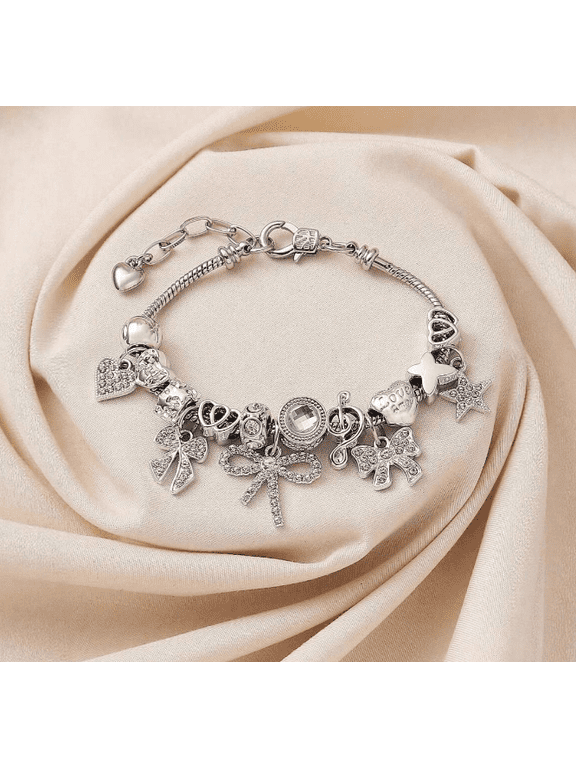 Women & Girls SilverTone Charm Bracelet, Adjustable ExtensionChain Y2K Stackable with Star Bow Heart Crystal Charms
