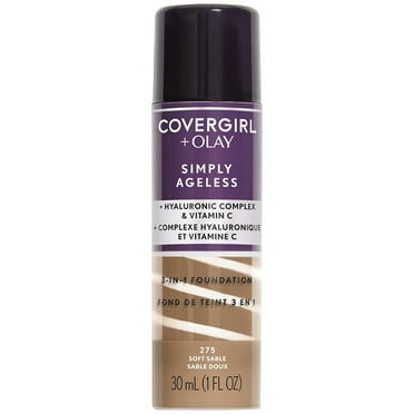 COVERGIRL + OLAY Simply Ageless 3-in-1 Liquid Foundation, Soft Sable 275, 1 fl oz, Hydrating Anti-Aging Foundation, Cruelty-Free Foundation, Hyaluronic Complex for Firm Skin (30 ml)
