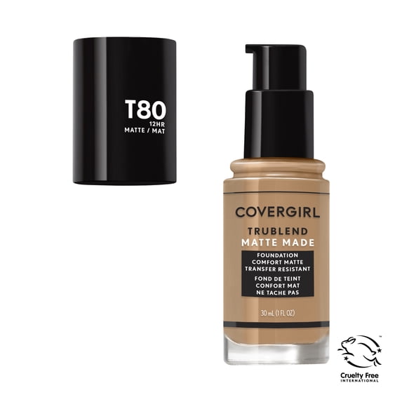 COVERGIRL TruBlend Matte Made Liquid Foundation, T80 Toasted Caramel, 1 fl oz, Matte Foundation, Moisturizing Foundation, Cruelty-Free Foundation, Blends Seamlessly, Won't Clog Pores