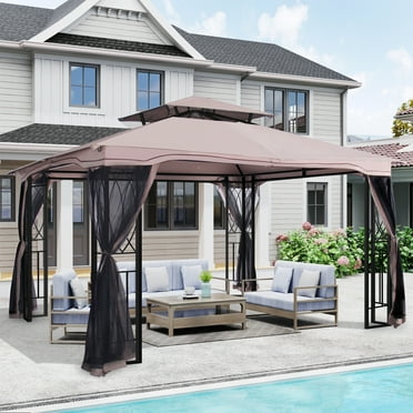 COVERONICS 10' x 12' Patio Gazebo Outdoor, Double Roof Outdoor Gazebo with Netting, Metal Frame Gazebo Waterptoof for Deck Backyard Lawn,Garden(Taupe)