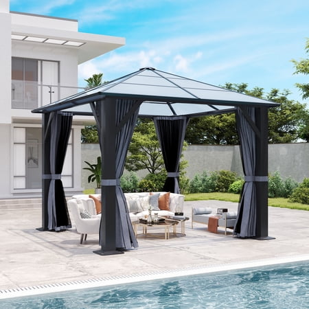 COVERONICS 10’x10’ Patio Hardtop Gazebo with Polycarbonate Roof, Waterproof Outdoor Canopy Gazebo, Steel Frame Permanent Pavilion with Netting and Curtains, Perfect for Backyard, Patio, Lawn, Garden