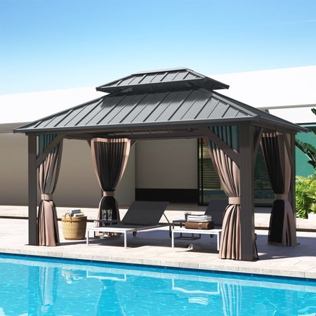 COVERONICS 10x12FT Outdoor Galvanized Steel Top Gazebo with Double Roof - Heavy-Duty Hardtop Gazebo with Breathable Netting & Zipper Curtains for Patio, Porch, Garden, Lawn, Deck, Backyard