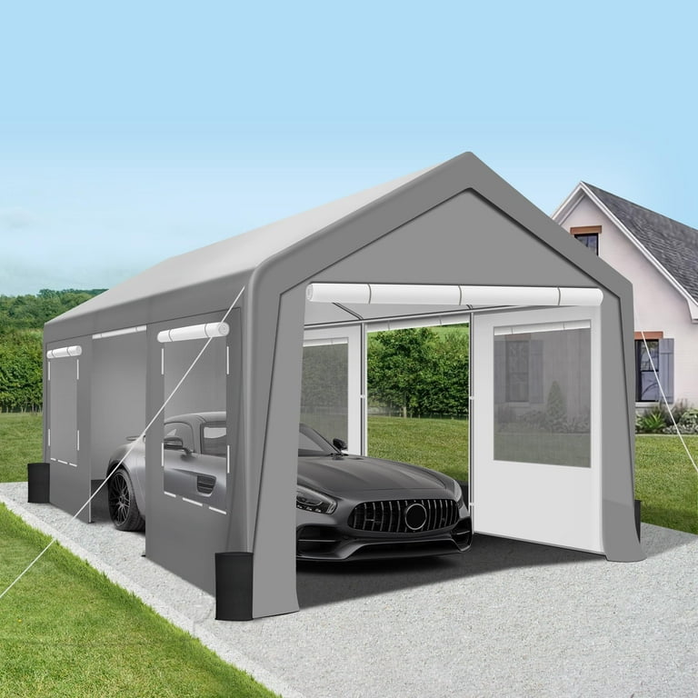 COVERONICS 10x20FT Extra Large Carport with Roll-up Doors - Heavy Duty  Carport with Ventilation Windows, Portable Patio Carage with Sandbag for  Auto