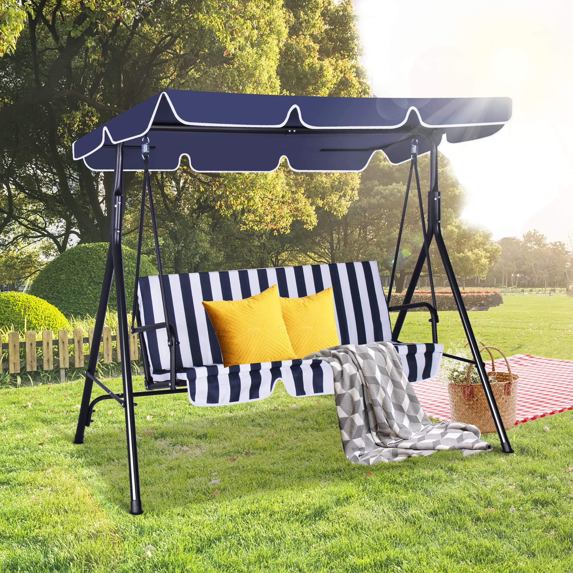 COVERONICS 3 Seat Porch Swing Canopy Metal Outdoor Porch Swing with Adjustable Canopy and Durable Steel Frame Convertible Canopy Swing Chair for