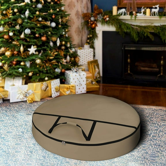 COVERS&ALL Christmas Wreath Storage Bag 12 Oz with Carrying Handle & Dual Zipper - 100% Water Resistant Durable Material Storage Bag - Holiday Xmas Tear Resistant Bag (20" Dia x 7" H, Beige)