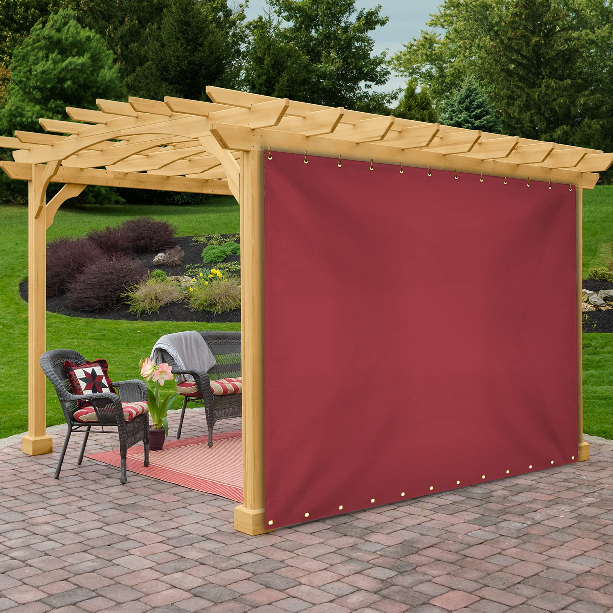 COVERS&ALL Outdoor Vinyl Curtain for Patio Furniture 18 Oz, Weather Resistant Patio Blackout Drapes for Dining Room Window with Rustproof Grommets for Pergola, Porch, Gazebos (10' H x 7' W, Red)