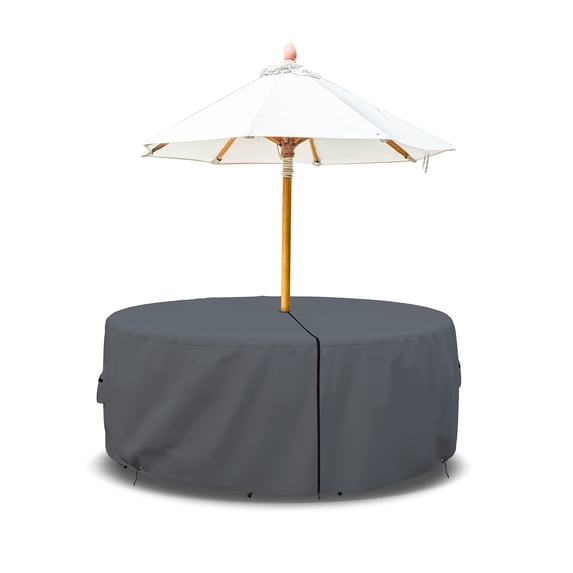 COVERS&ALL Patio Round Table and Chair Set Cover with Umbrella Hole - Heavyduty 12 Oz Waterproof Outdoor Backyard Furniture Cover with Air Pocket & Drawstring for Snug fit. (109" Dia x 24" H, Grey)