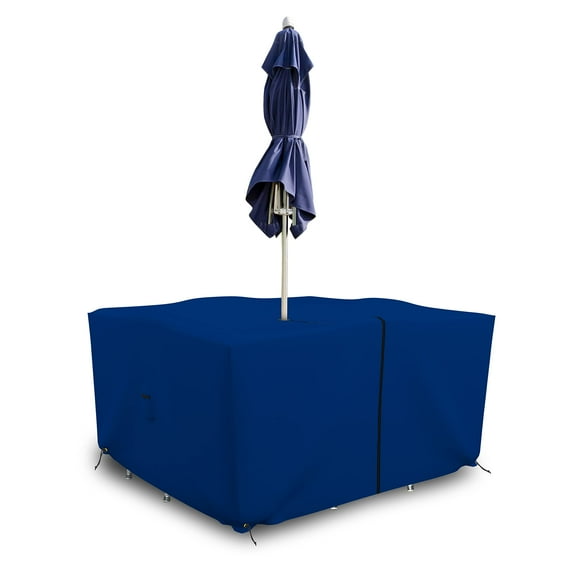 Covers & All Patio Square Table and Chair set cover with Umbrella Hole - Heavyduty 18 Oz. Waterproof Outdoor furniture cover with Air pockets & Drawstring (60"W X 60"D X 30"H, Blue)