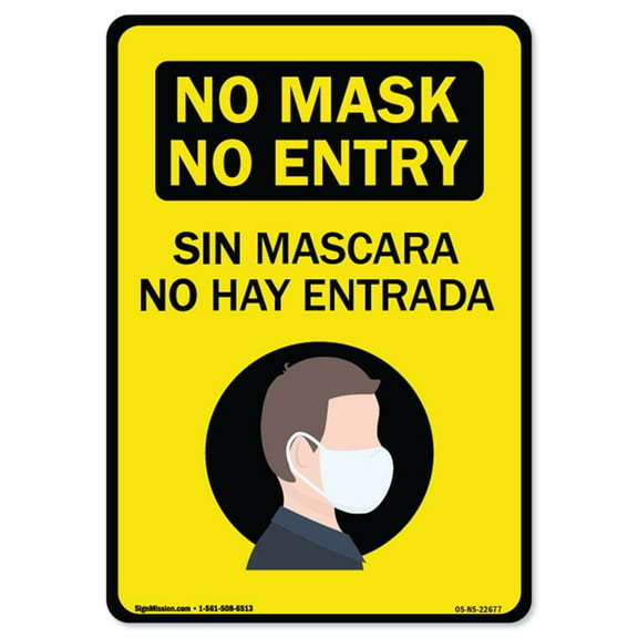 COVID-19 Notice Sign - No Mask No Entry - Sin Mascara No Hay Entrada | Vinyl Decal | Protect Your Business, Municipality, Home & Colleagues | Made in the USA