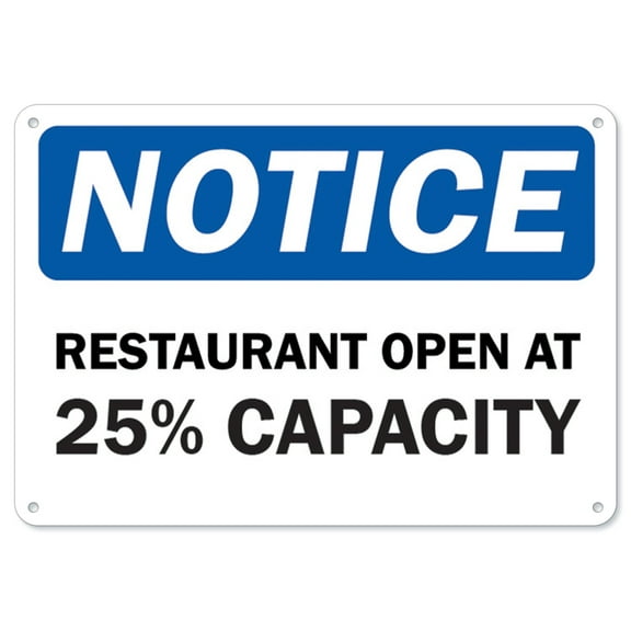 COVID-19 Notice Sign - Notice Restaurant Open At 25% Capacity | Plastic Sign | Protect Your Business, Municipality, Home & Colleagues | Made in the USA