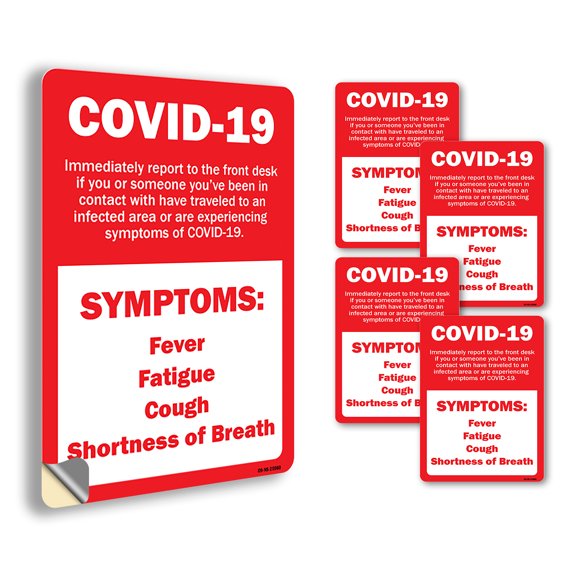 COVID-19 Symptoms Report To Front Desk Public Safety Vinyl Decal Label 24 Inch x 18 Inch - 5 Pack