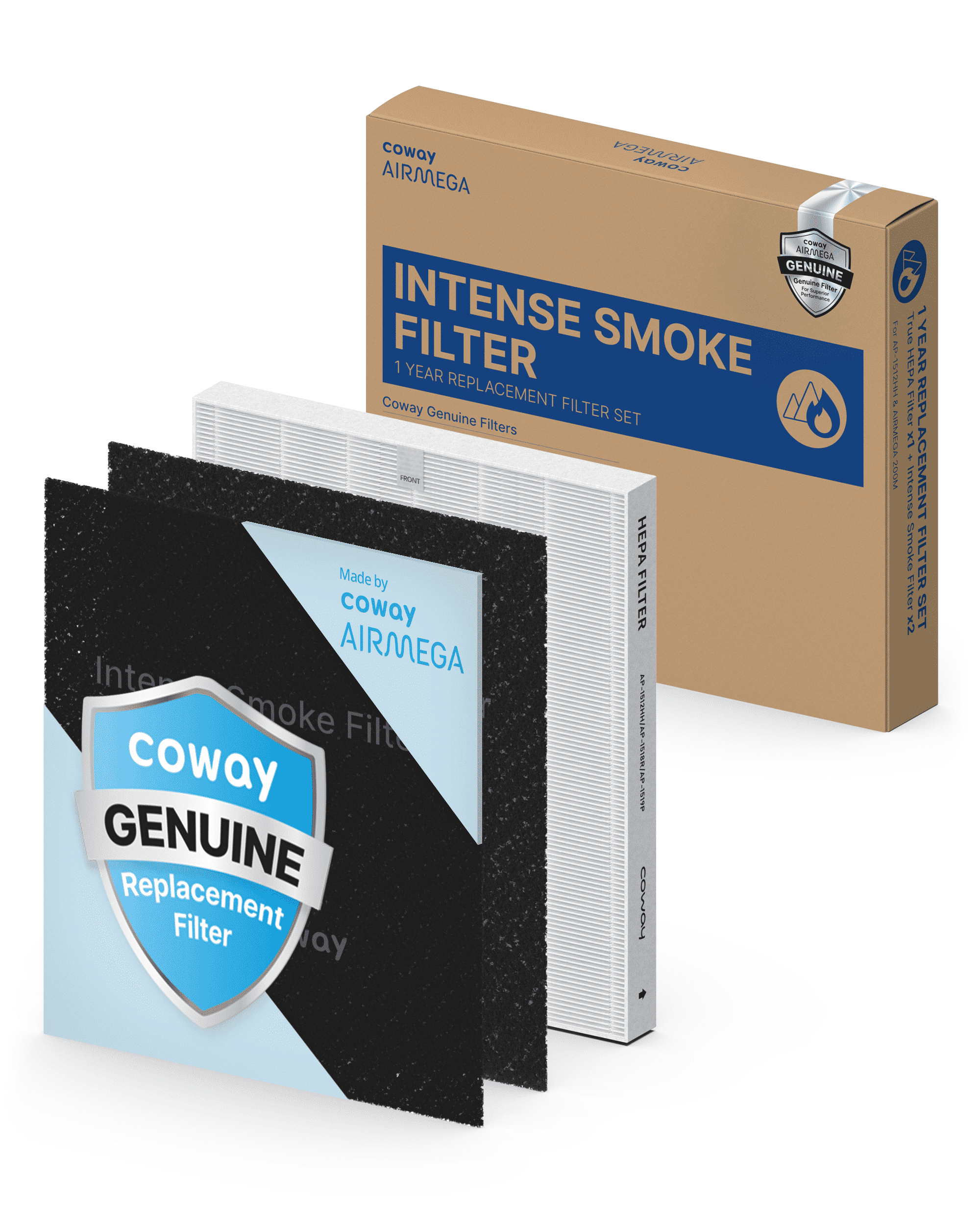 COWAY AP-1512HH & 200M Air Purifier Filter Replacement, Intense Smoke Pack, 2 Intense Smoke Deodorization Filters and 1 True HEPA Filter, 1 Pack, Black
