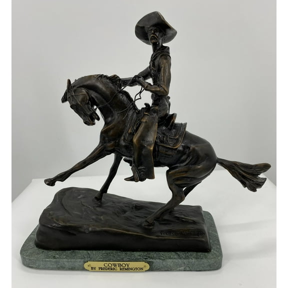 COWBOY American Bronze Handmade Sculpture by Frederic Remington medium size 12.5"H x 14"L x 6.5"W