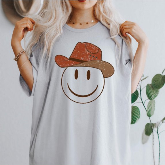COWBOY SMILEY HAPPY FACE Grpahic Short sleeve Tees