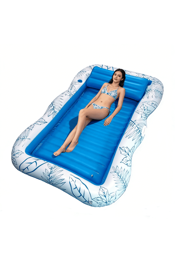 77"x 50" Inflatable Tanning Pool Lounger Float, Summer Maple Leaf Water Inflatable Floating Bed with Backrest, Leisure Floating Raft, Water Lounge Floaties Tub with Drink Holder, Blue