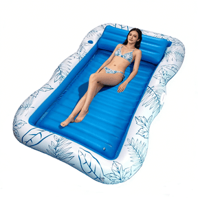 COWIN 77"x 50" Inflatable Tanning Pool Lounger Float, Summer Maple Leaf Water Inflatable Floating Bed with Backrest, Leisure Floating Raft, Water Lounge Floaties Tub with Drink Holder, Blue