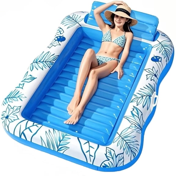 COWIN 85"x 63" Inflatable Tanning Pool Lounger Float, Summer Maple Leaf Water Inflatable Floating Bed with Backrest, Leisure Floating Raft, Water Lounge Floaties Tub with Drink Holder, Blue