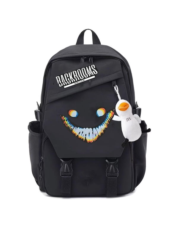 COYOCO Backrooms Smiler Backpack Creepypasta Horror Game Bookbag, Gothic Laptop Daypack Waterproof Nylon Bag with Cute Duck Pendant (Style 1)