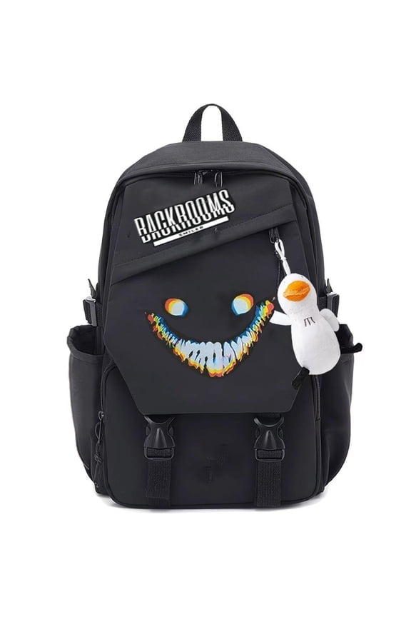 COYOCO Backrooms Smiler Backpack Creepypasta Horror Game Bookbag, Gothic Laptop Daypack Waterproof Nylon Bag with Cute Duck Pendant (Style 1)