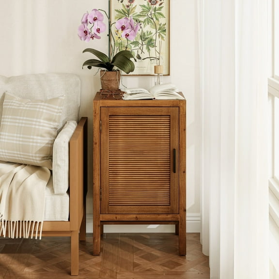 COZAYH 1 Door Farmhouse Storage Cabinet, Rustic Slat Door Cabinet with 2 Shelves, Accent End Table with Storage for Living Room, Bedroom