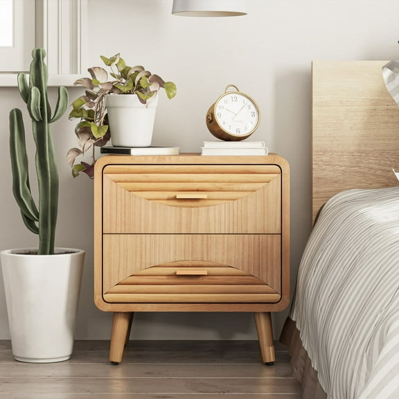 COZAYH 2-Drawer Farmhouse Nightstand, Mid Century Nightstand Fully Assembled with Handcrafted , Boho, Rustic Style, Natural Wood