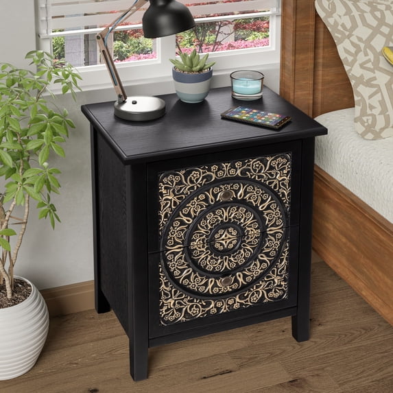 COZAYH 2-Drawer Fully-Assembled Flower Motif Nightstand for Small Spaces, French Country, Modern, Distressed Finish, Gold & Black