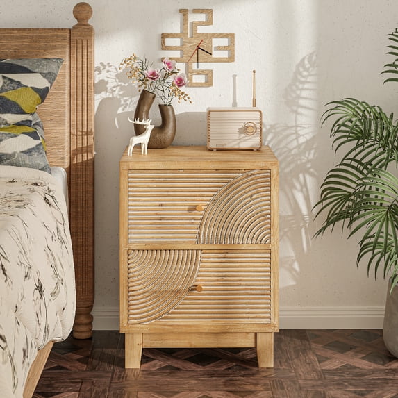 COZAYH 2-Drawers Farmhouse Nightstand, Mid Century Nightstand Fully Assembled with Handcrafted Wood Ring Pattern for Boho, Mid-Century, Rustic Style, Natural Wood