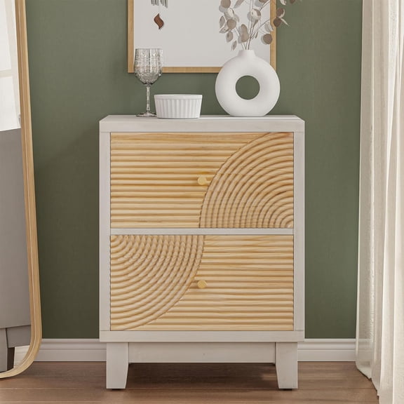 COZAYH 2-Drawer Farmhouse Bedroom Nightstand with Rustic Wood Ring Pattern, White