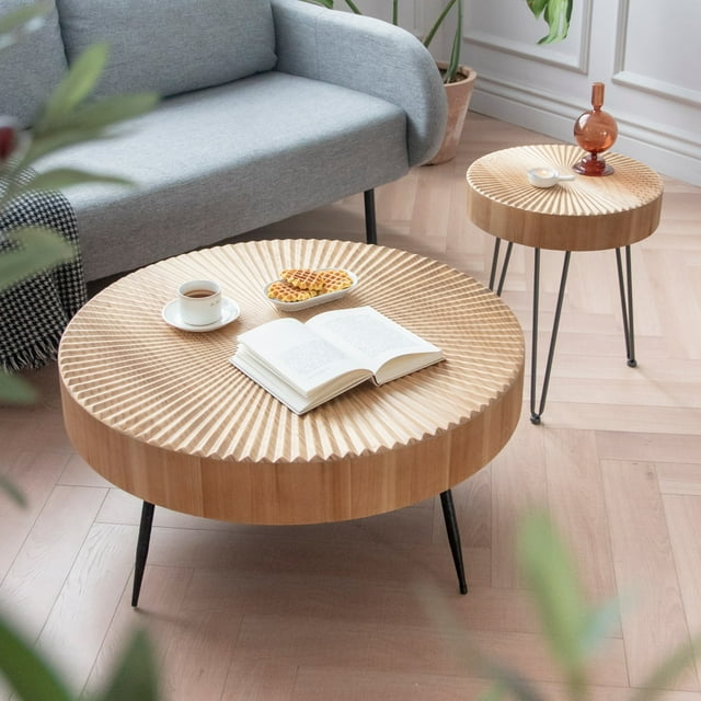 COZAYH 2-Piece Solid Farmhouse Coffee Table Set, Round Natural Finish ...