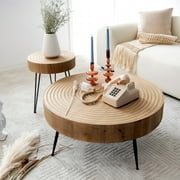 COZAYH 2-Piece Modern Farmhouse Living Room Coffee Table Set, Round Natural Finish with Handcrafted Wood Ring Motif