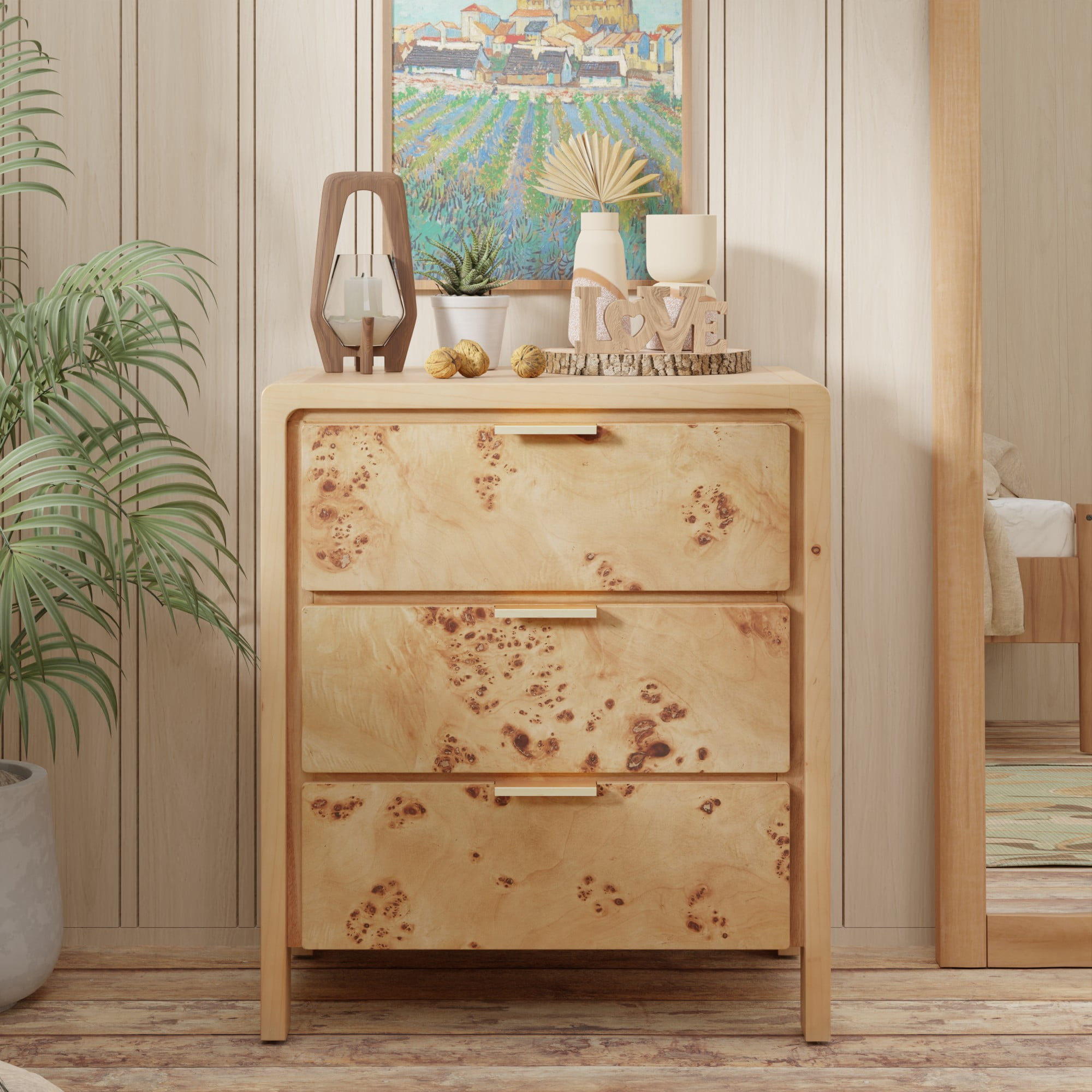boho 3 drawer dresser George Oliver Mid-Century Fluted 3-Drawer Dresser, Natural Wood Chest of Drawers for Bedroom, Boho Storage Organizer